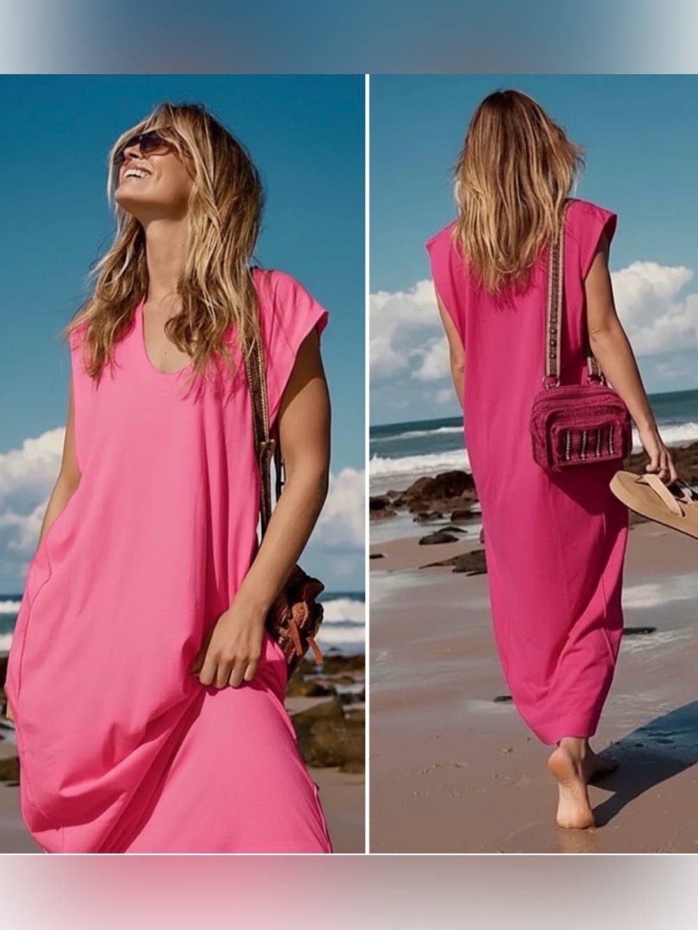 Free People Beach Carta Tee Shirt Midi Maxi Dress Hot Pink Small cotton comfy